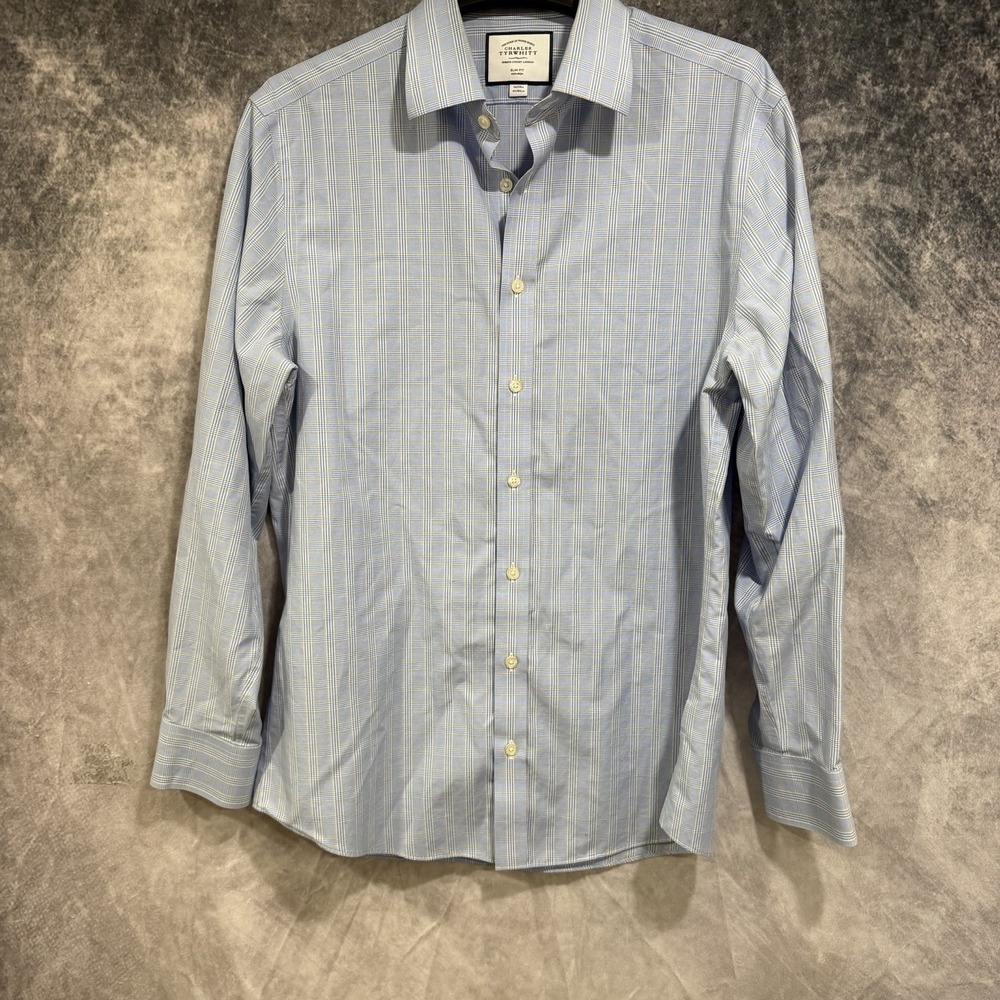 Charles Tyrwhitt Dress Shirt Mens 16x34 Blue Check Slim‎ Fit Non Iron Cotton